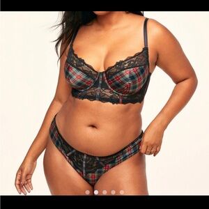 2 NWT Adore Me Women's Lace Mesh Thong Panty Red Blue Plaid Size XL. , M NWT